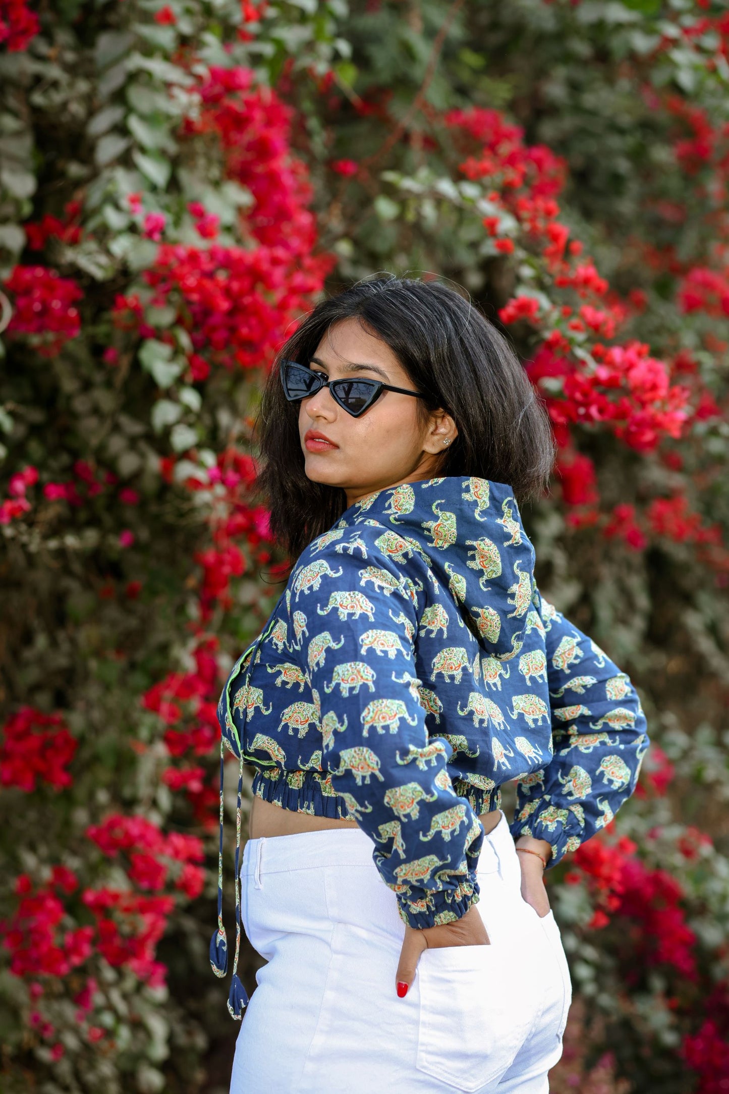 Elephant Blockprint Cropped Hoodie