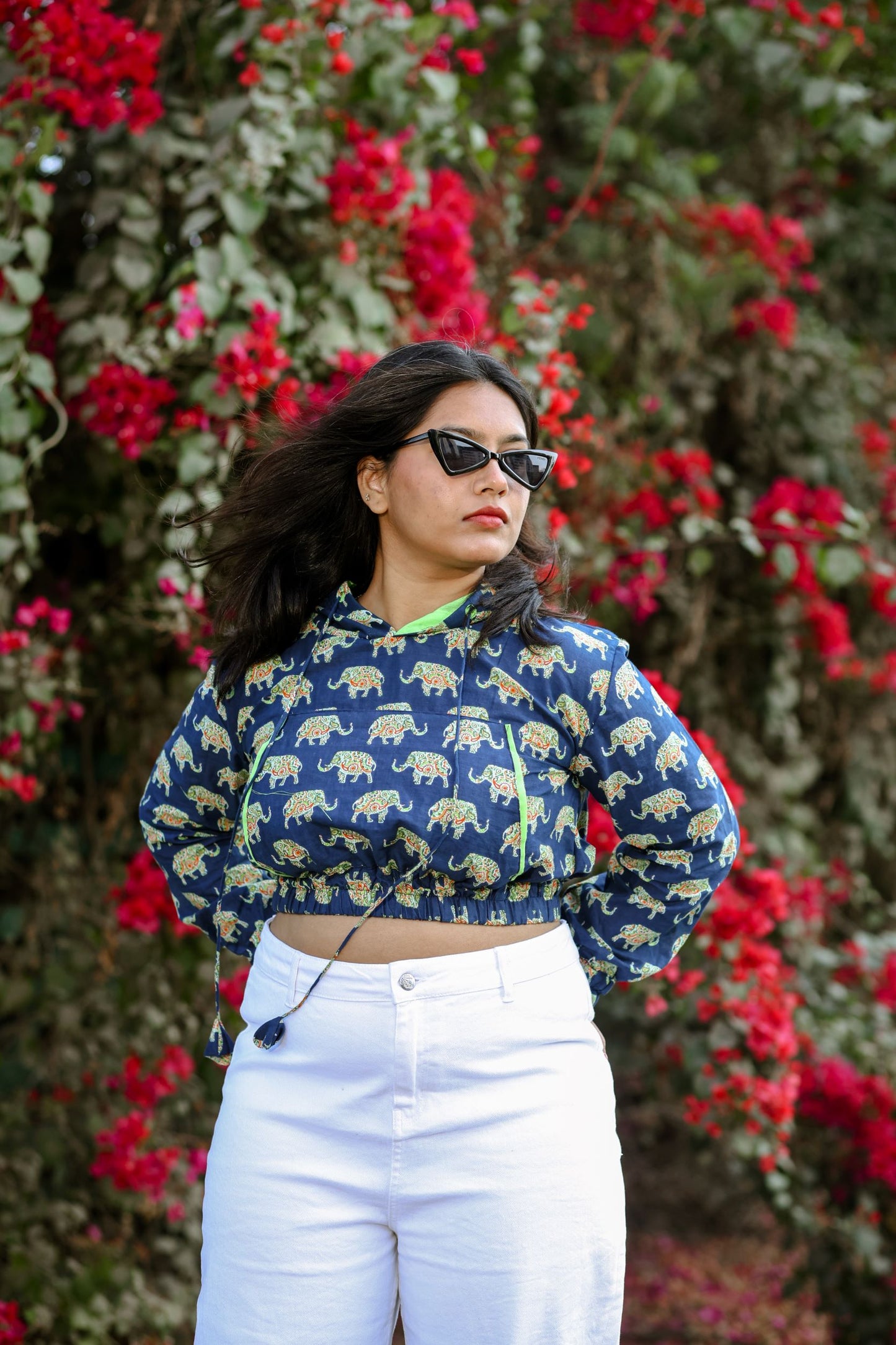 Elephant Blockprint Cropped Hoodie