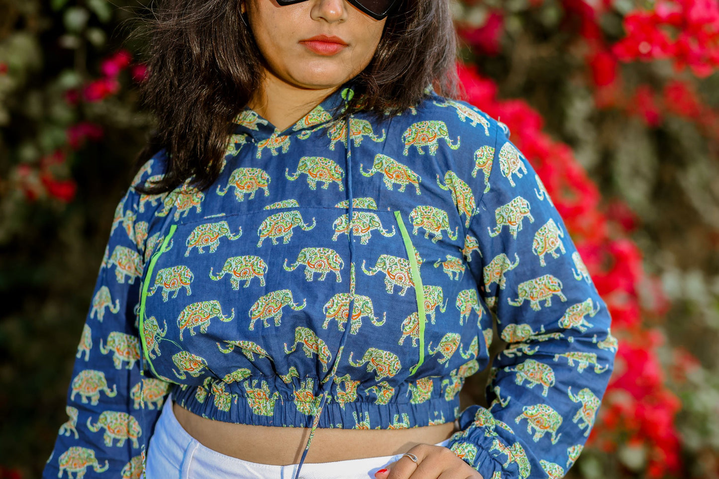 Elephant Blockprint Cropped Hoodie
