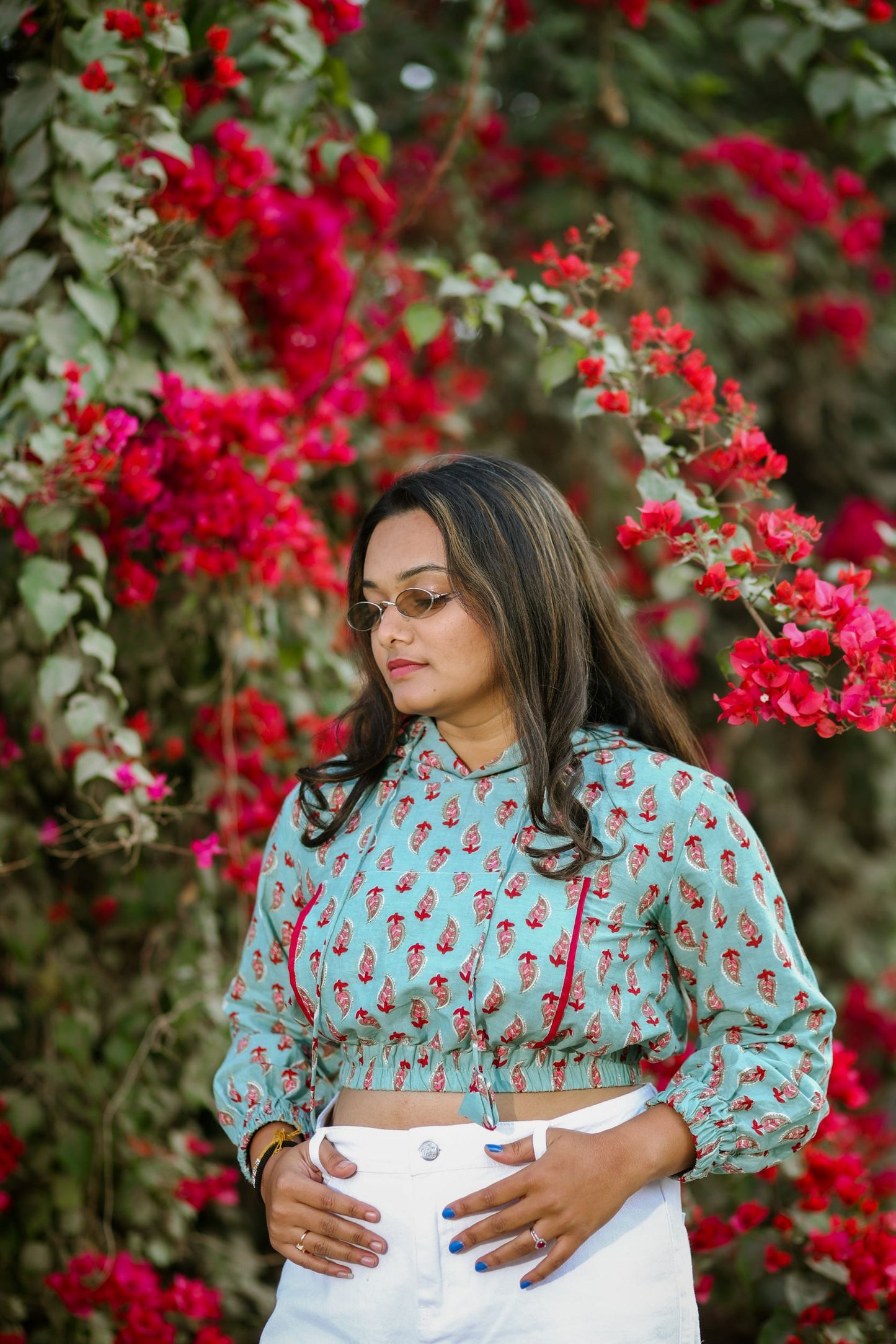 Leafy Blockprint Cropped Hoodie