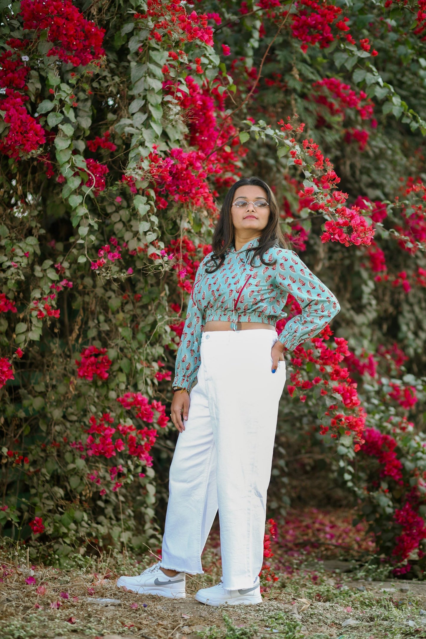 Leafy Blockprint Cropped Hoodie