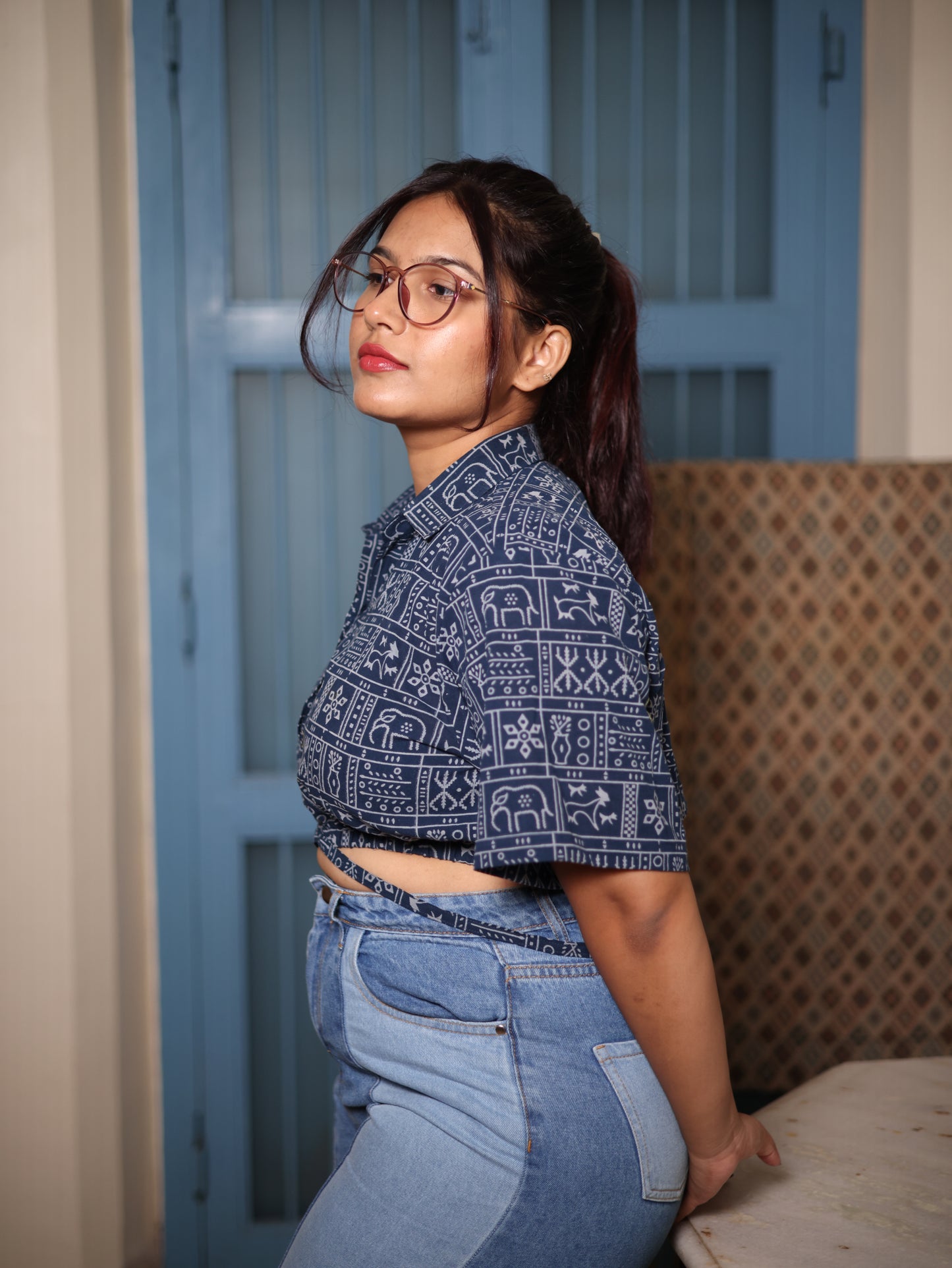 Indigo Blockprint Cropped Shirt