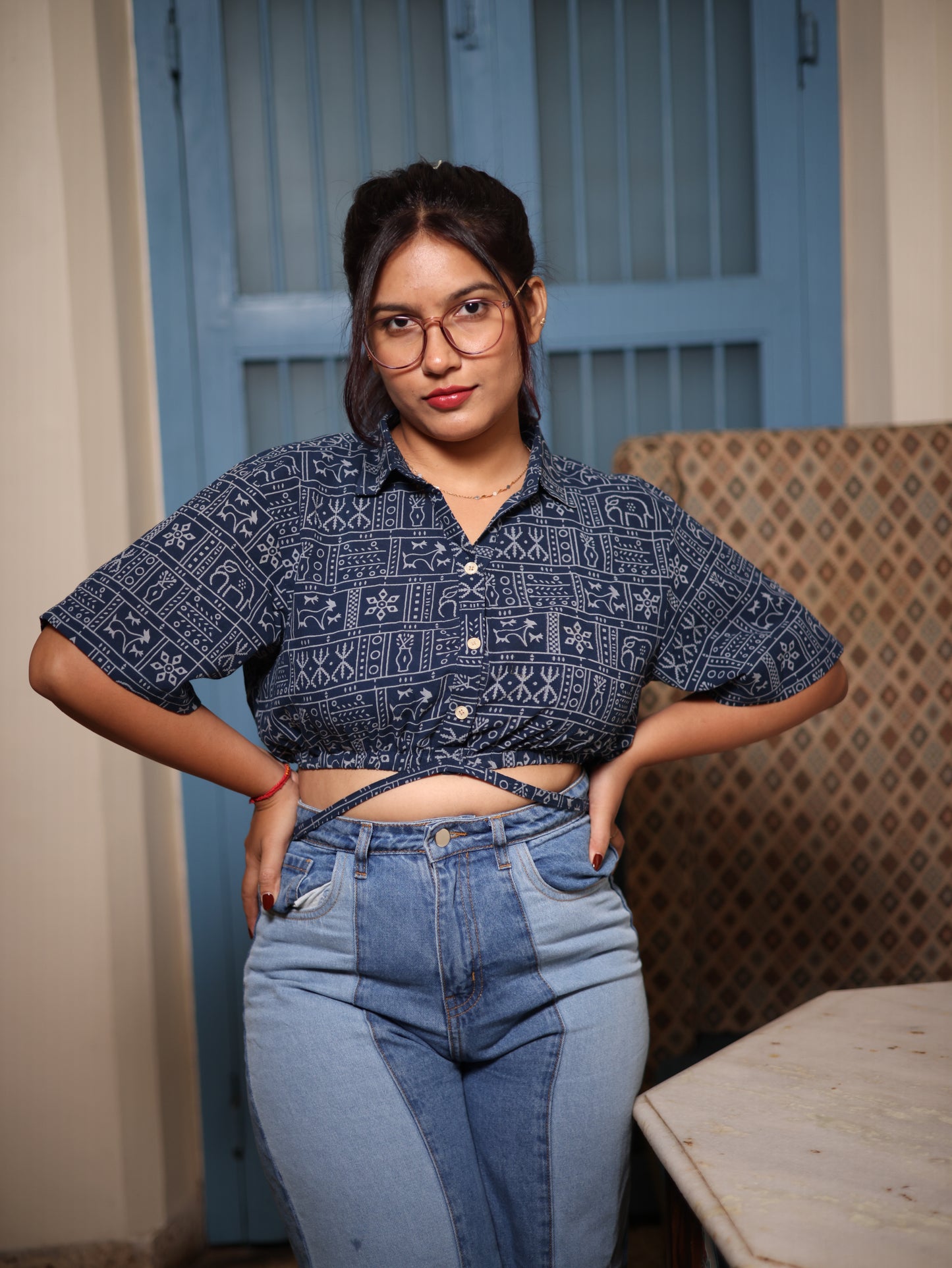 Indigo Blockprint Cropped Shirt