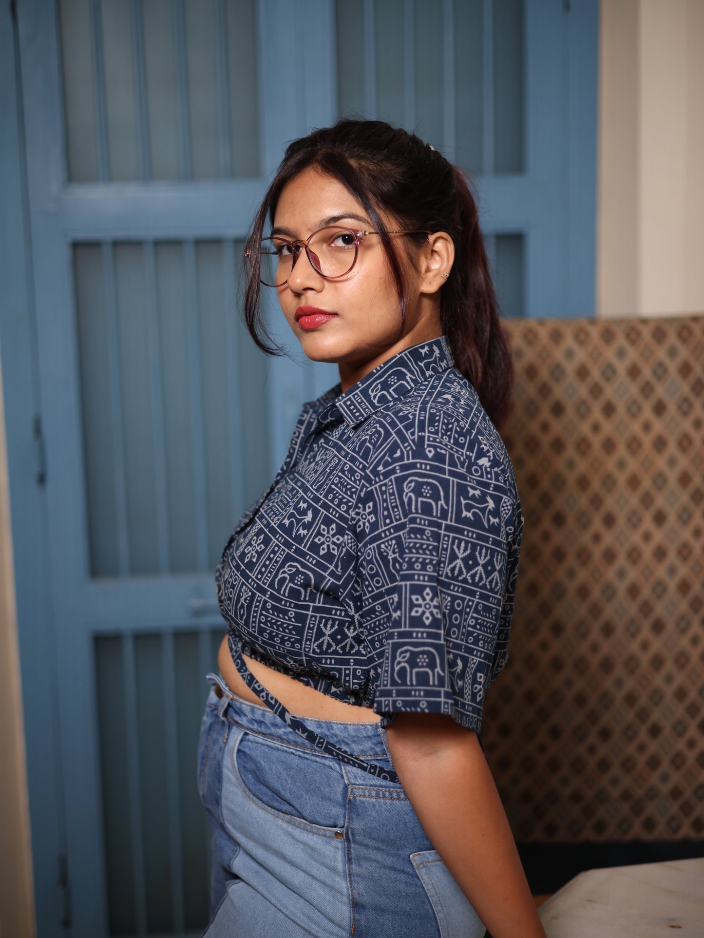 Indigo Blockprint Cropped Shirt