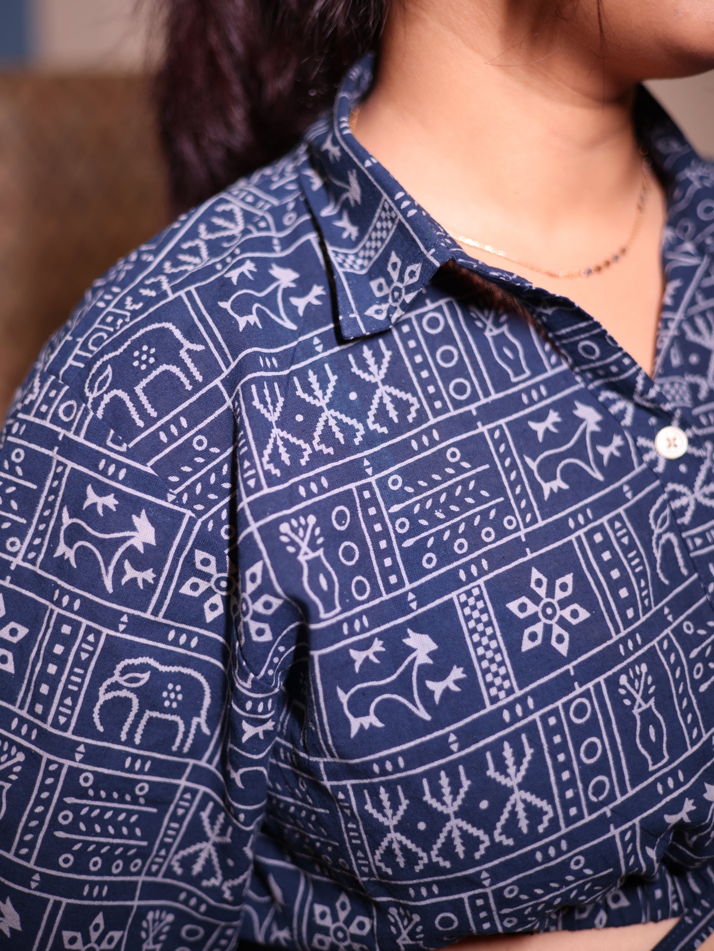 Indigo Blockprint Cropped Shirt