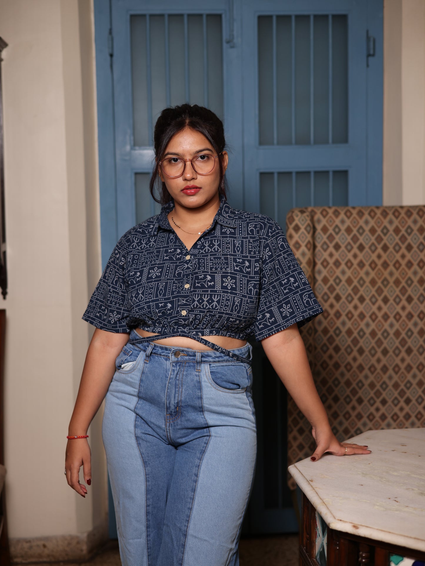 Indigo Blockprint Cropped Shirt
