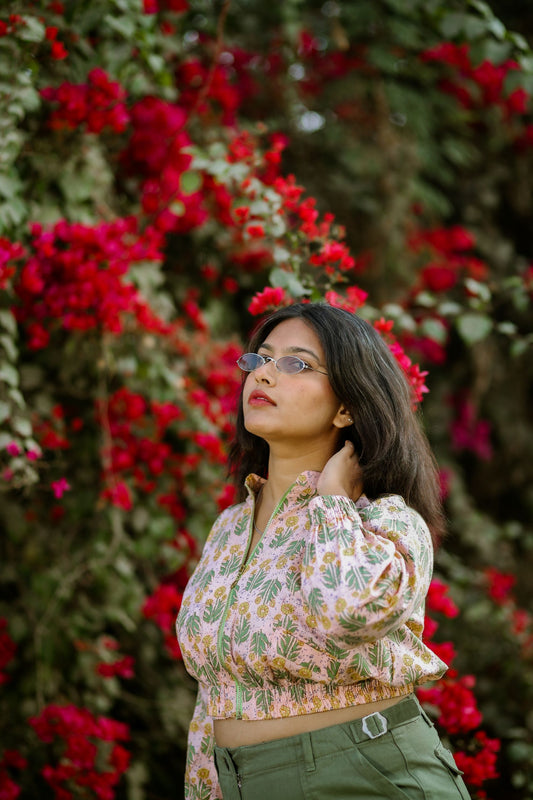 Sunflower Blockprint Cropped Jacket