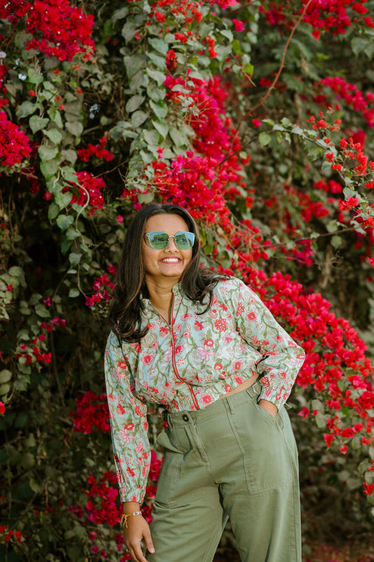 Lotus Blockprint Cropped Jacket