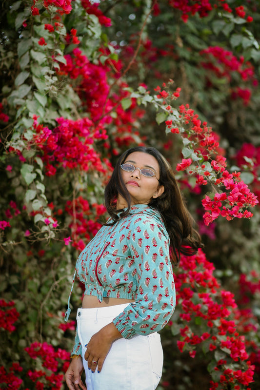 Leafy Blockprint Cropped Hoodie