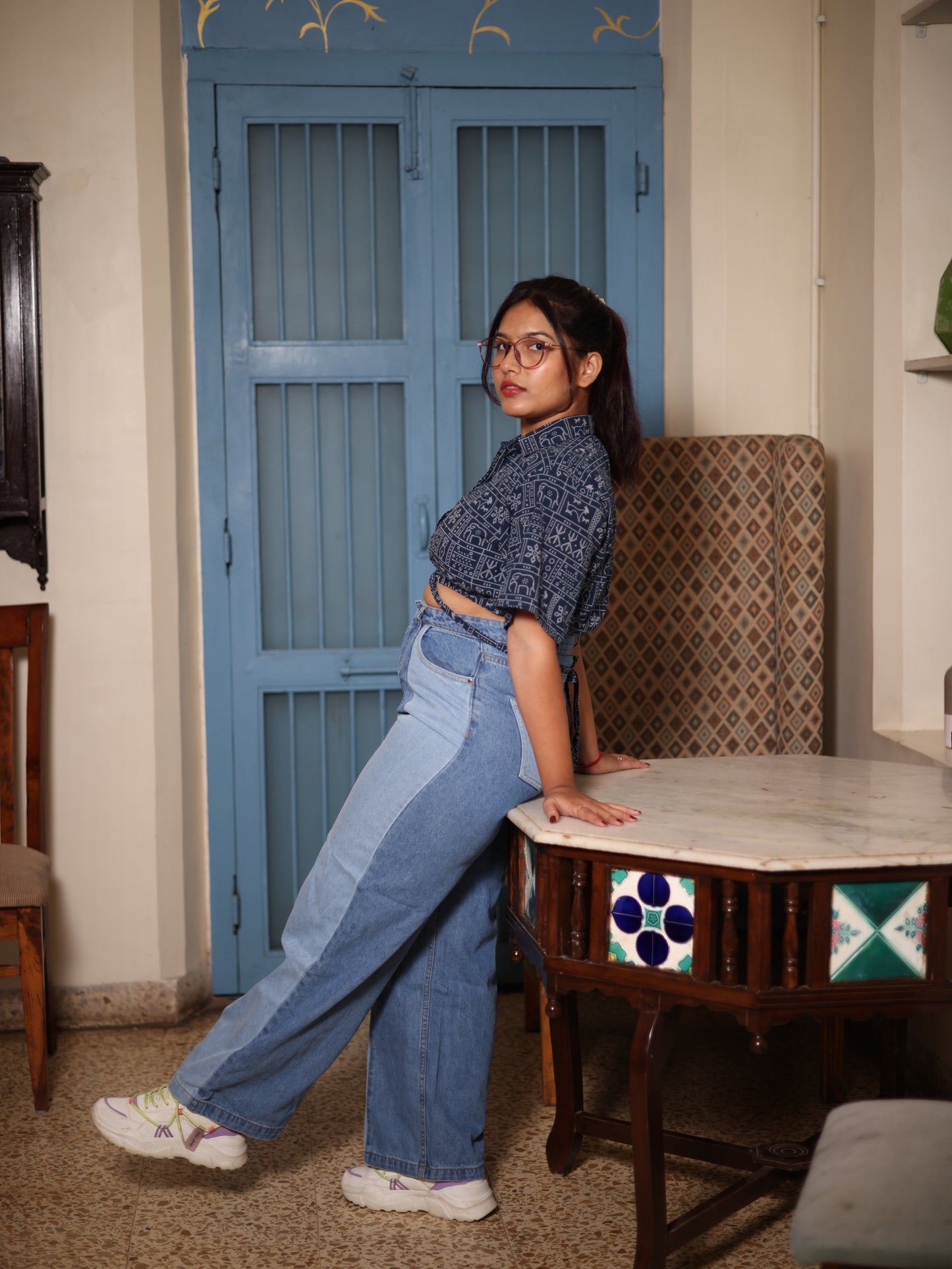 Indigo Blockprint Cropped Shirt