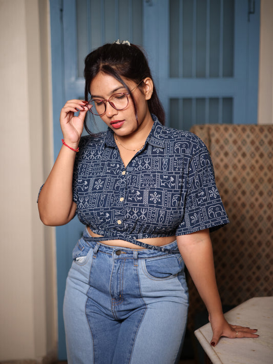 Indigo Blockprint Cropped Shirt