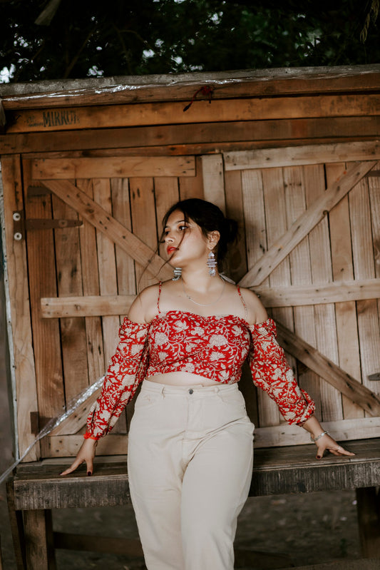 Red Velvet Kalamkari Crop Top